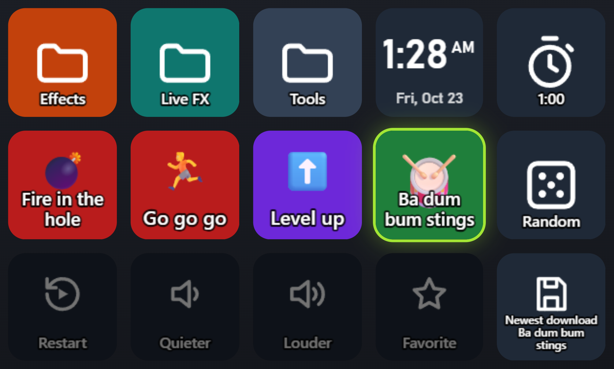 The new Ba dum bum stings key, with a drum emoji, on the Stream Deck layout