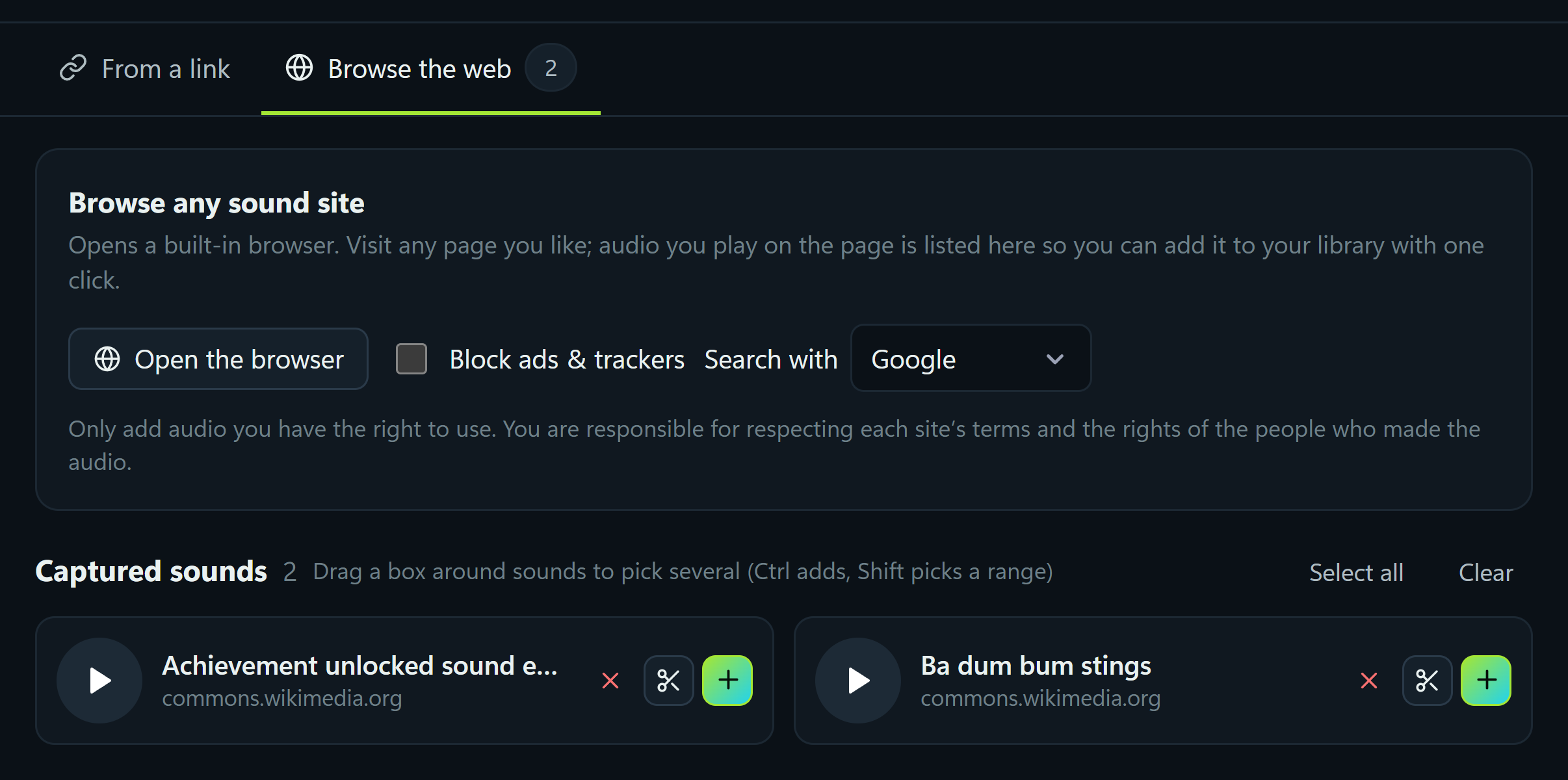 Find sounds: the Browse the web tab with two captured sounds ready to add