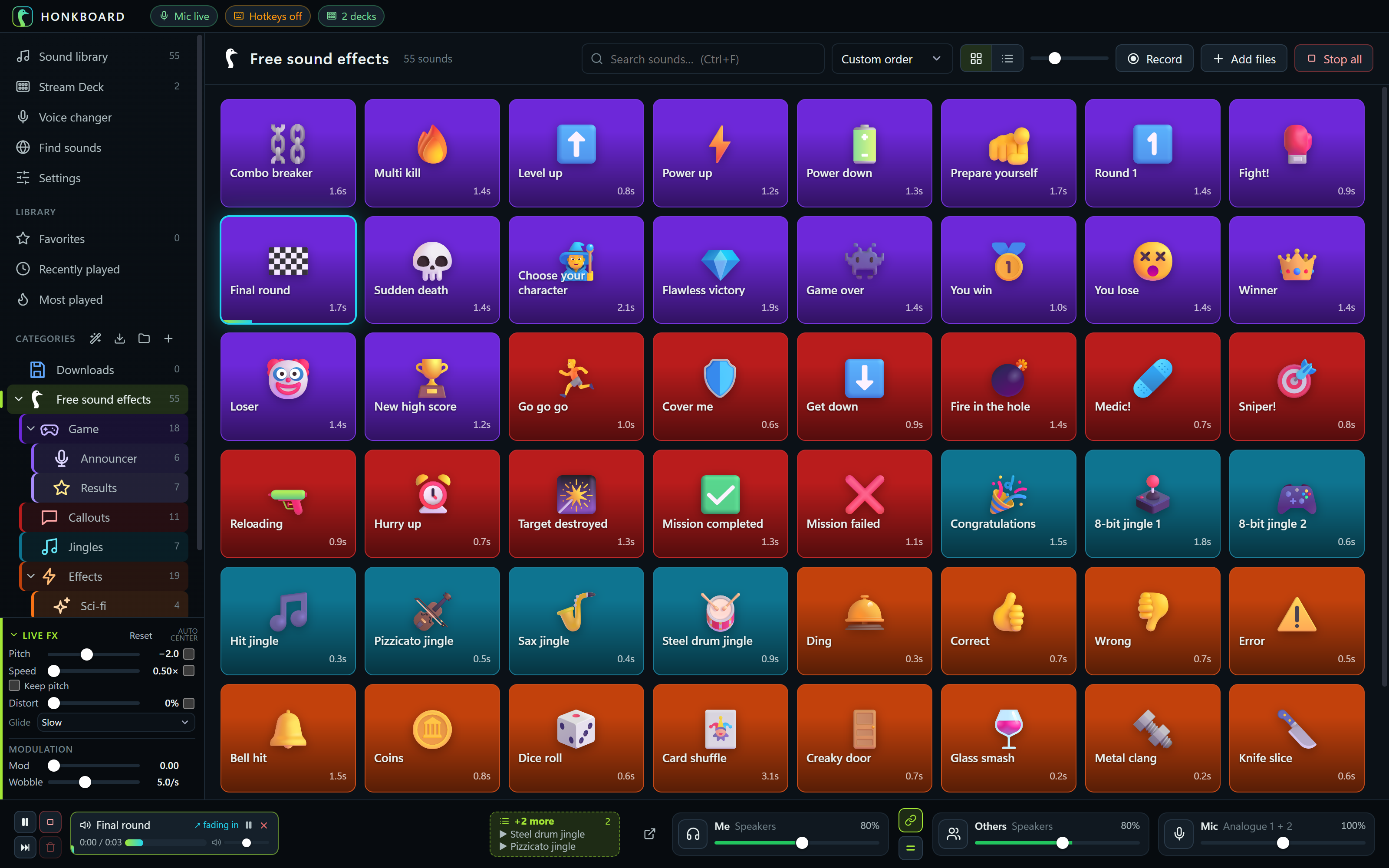 The sound library: the free sound effects as colorful tiles with emoji, grouped in Game, Callouts, Jingles and Effects sub-categories