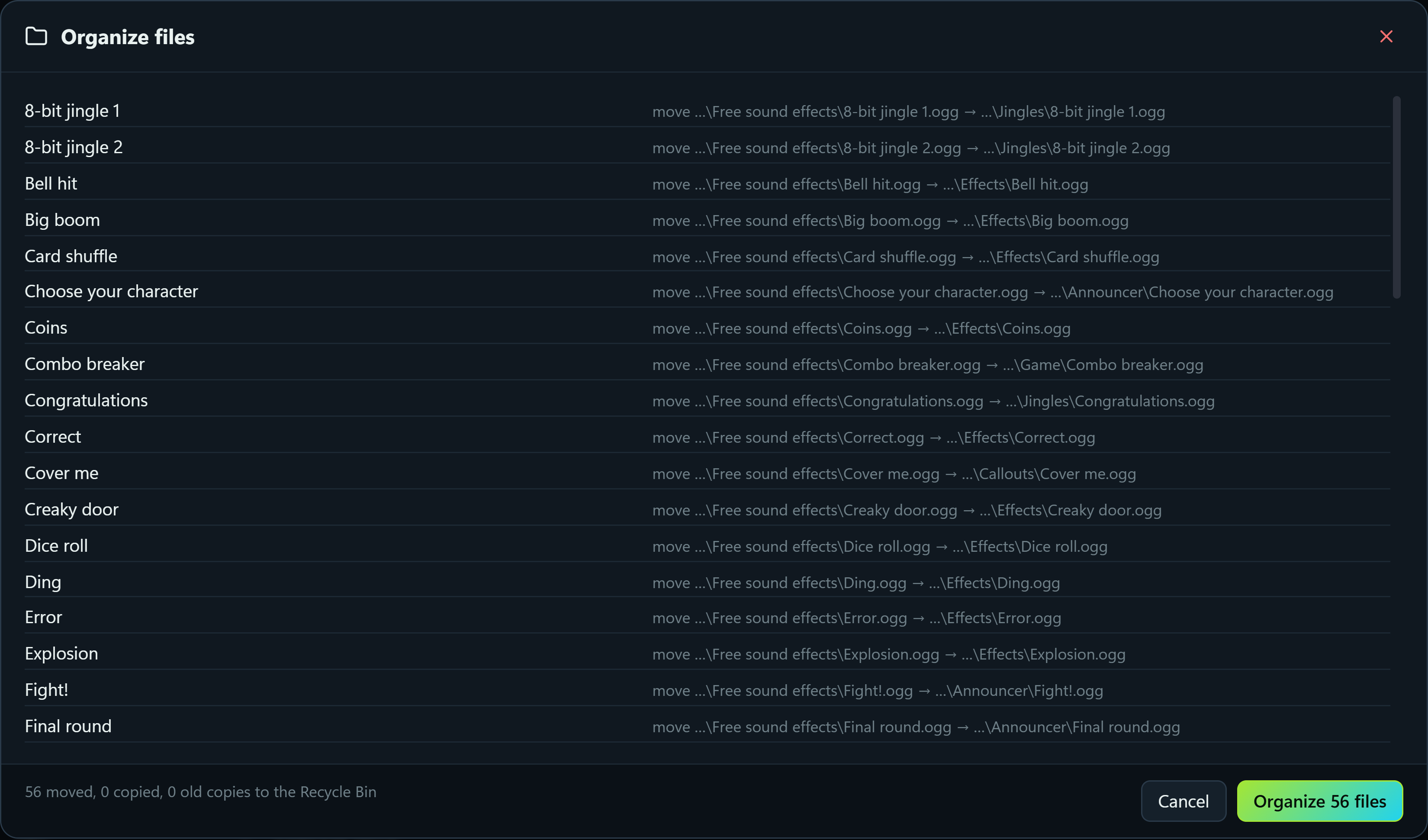 Organize files: a preview of 56 sound files moving into folders that match the categories
