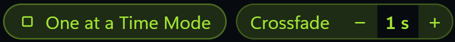 The play mode button set to One at a Time Mode, with crossfade at 1 second