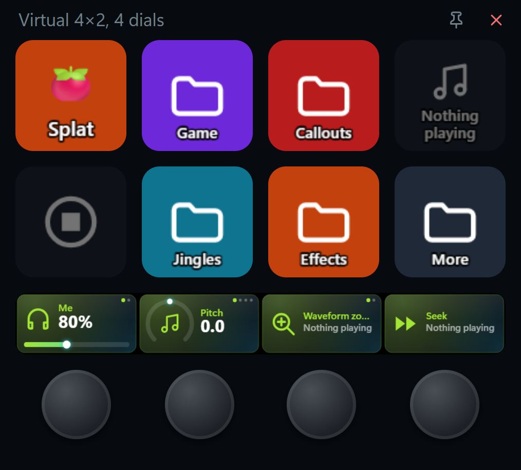 A virtual deck of 4 by 2 keys with four dials: volume, Live FX pitch, waveform zoom and seek