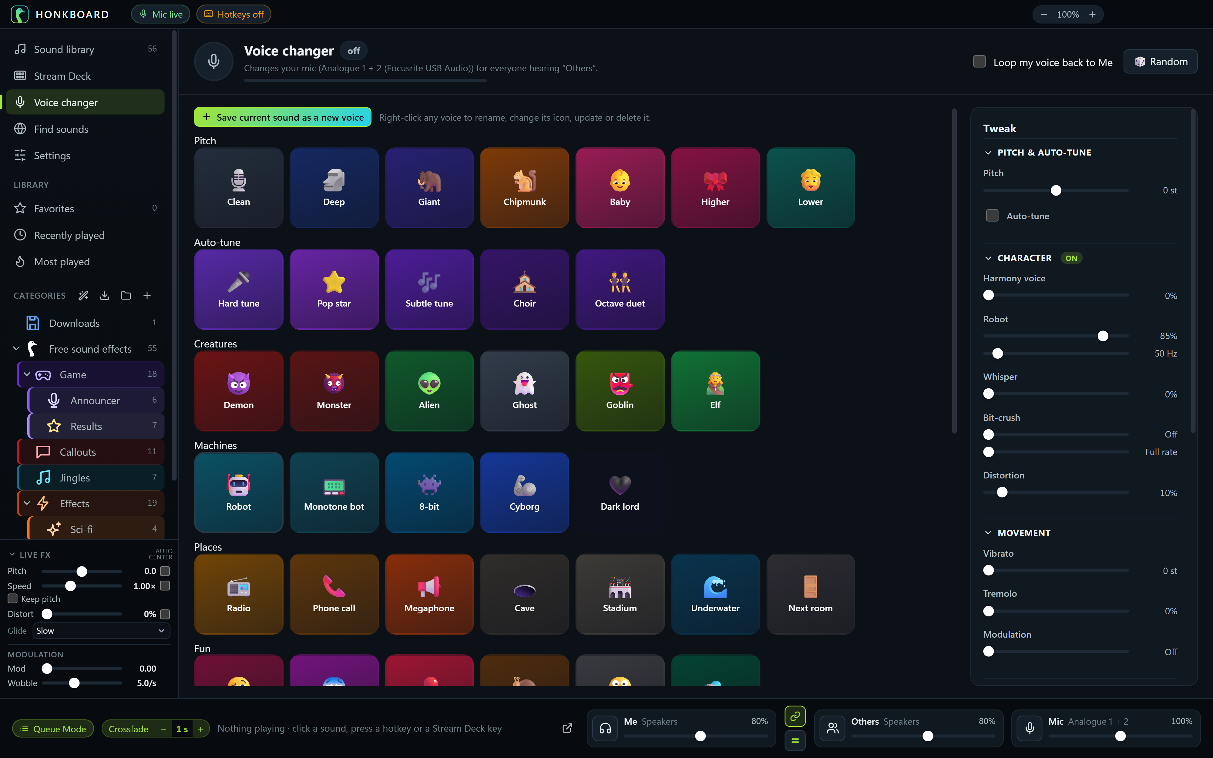 The voice changer: voices grouped as Pitch, Auto-tune, Creatures, Machines and Places, with a Tweak panel