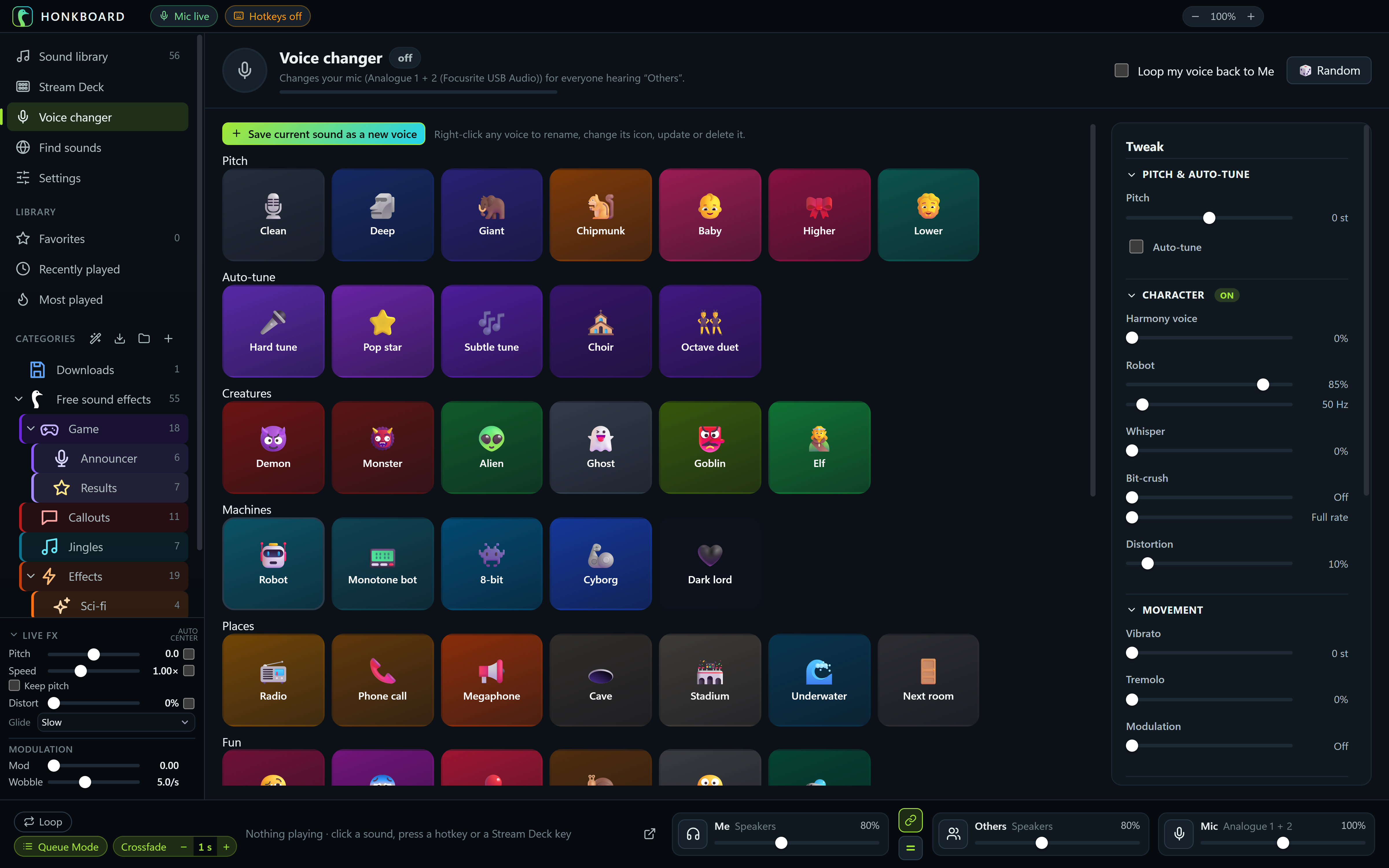 The voice changer: voices grouped as Pitch, Auto-tune, Creatures, Machines and Places, with a Tweak panel